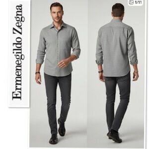 Ermenegildo Zegna Made In Italy Herringbone Cotton Sport Shirt In Gray Size M